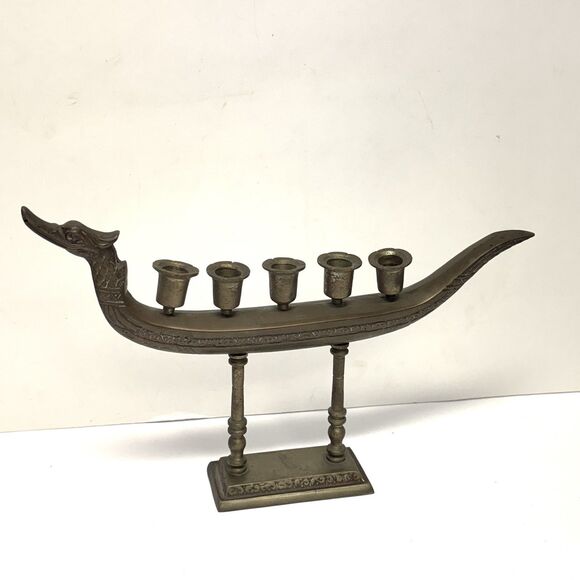 Vintage Supannahong Sami Polished Brass Thai Dragon Menorah 5 Candle Gondola - Picture 1 of 11